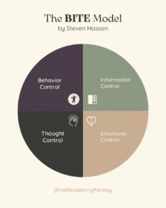 B, I, T, E representing the BITE Model of Authoritarian Control used by cults and high-control religions — 