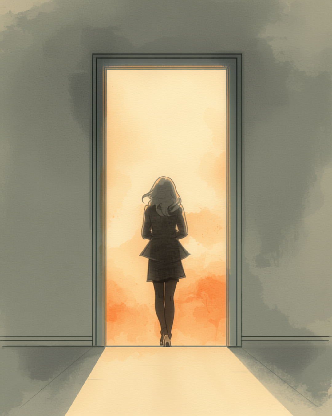 A woman's silhouette stands in an open doorway, one foot stepping toward warm outdoor light from a dim structured interior — representing the experience of claiming queer identity after high-control religion.